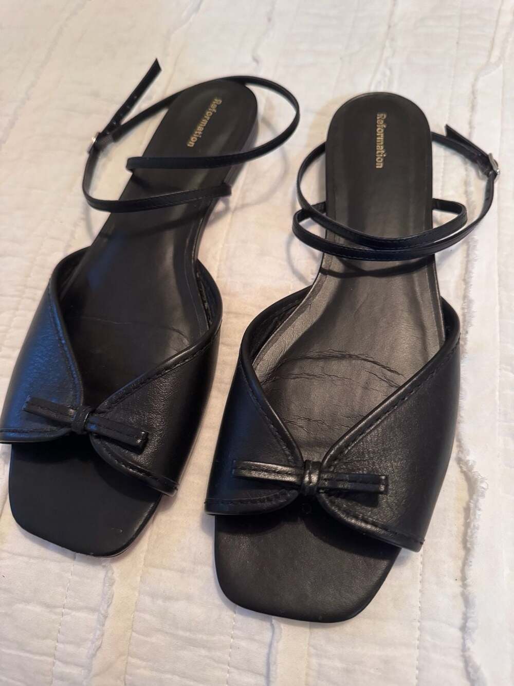 Reformation Black Leather Ankle Strap Bow Flat Sandals